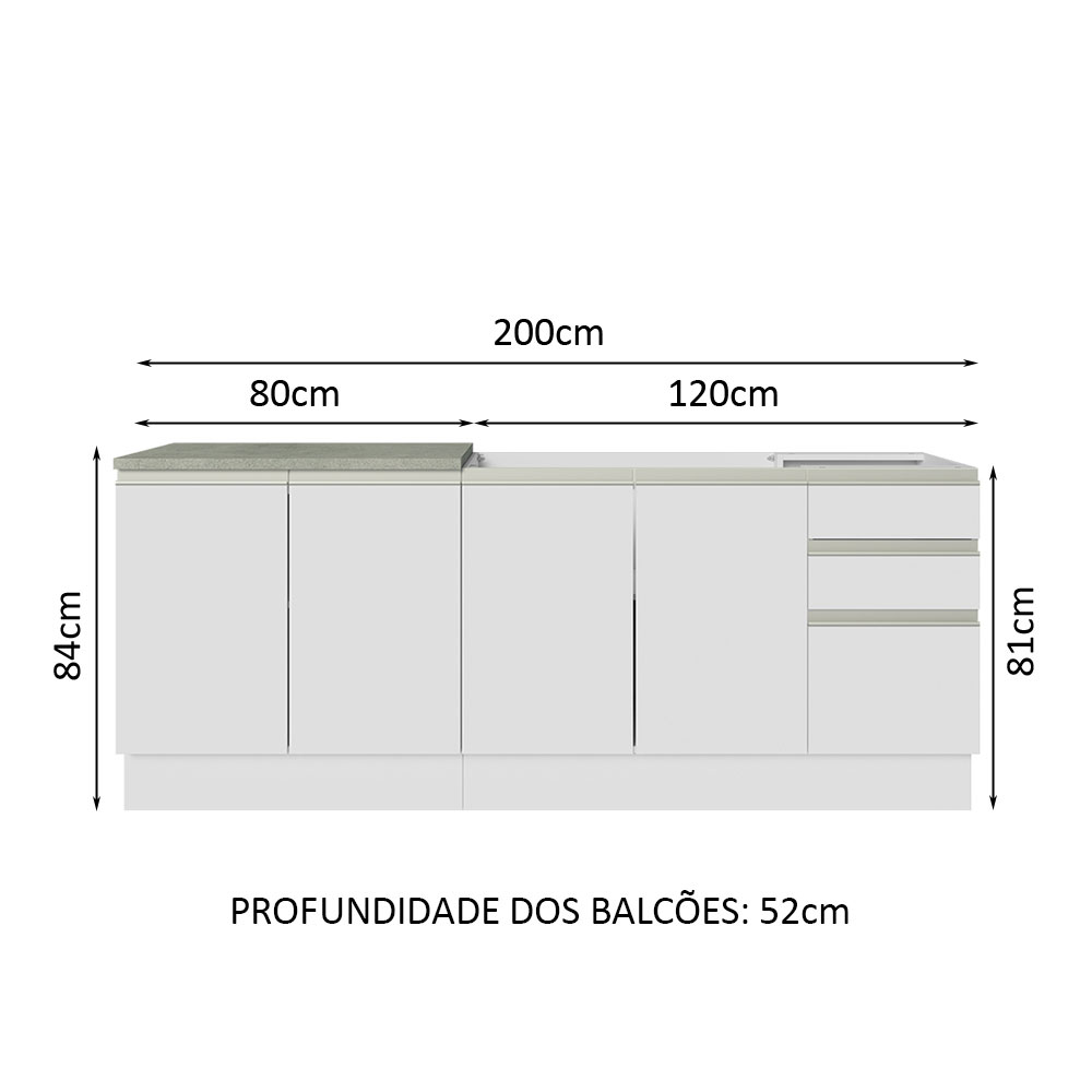 Kit com 2 Balcões de Cozinha Madesa Glamy 4 Portas 3 Gavetas (Sem Tampo e Pia) - Branco