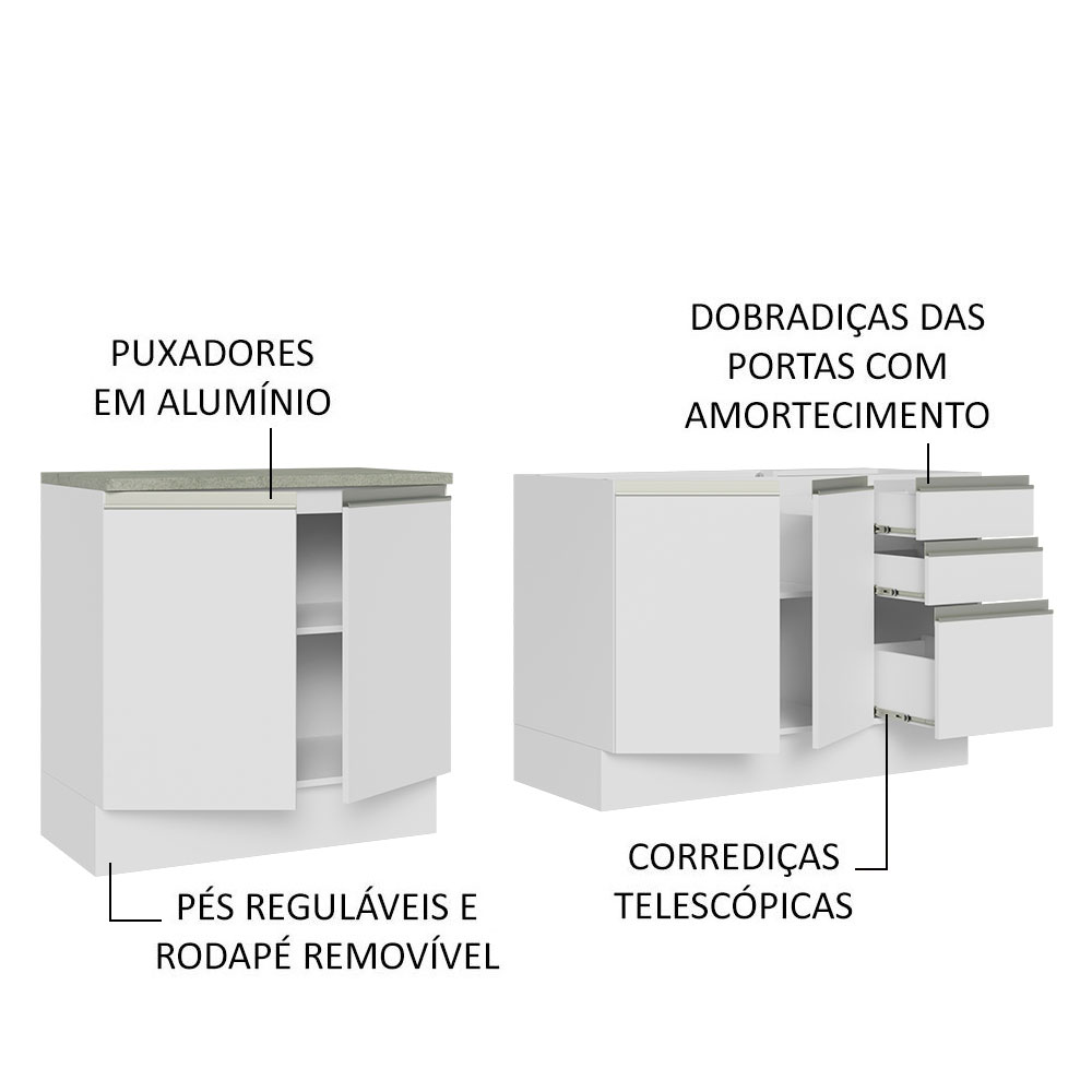 Kit com 2 Balcões de Cozinha Madesa Glamy 4 Portas 3 Gavetas (Sem Tampo e Pia) - Branco