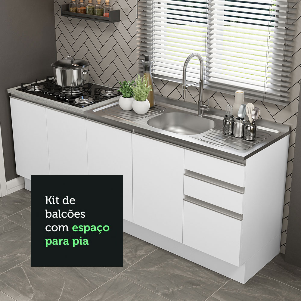 Kit com 2 Balcões de Cozinha Madesa Glamy 4 Portas 3 Gavetas (Sem Tampo e Pia) - Branco