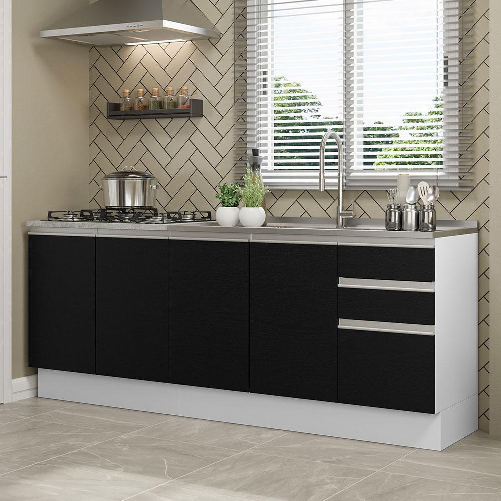 Kit com 2 Balcões de Cozinha Madesa Glamy 4 Portas 3 Gavetas (Sem Tampo e Pia) - Branco/Preto