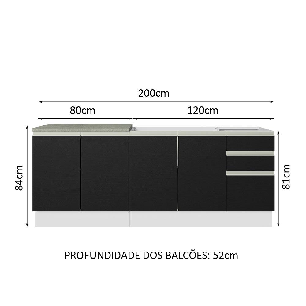 Kit com 2 Balcões de Cozinha Madesa Glamy 4 Portas 3 Gavetas (Sem Tampo e Pia) - Branco/Preto