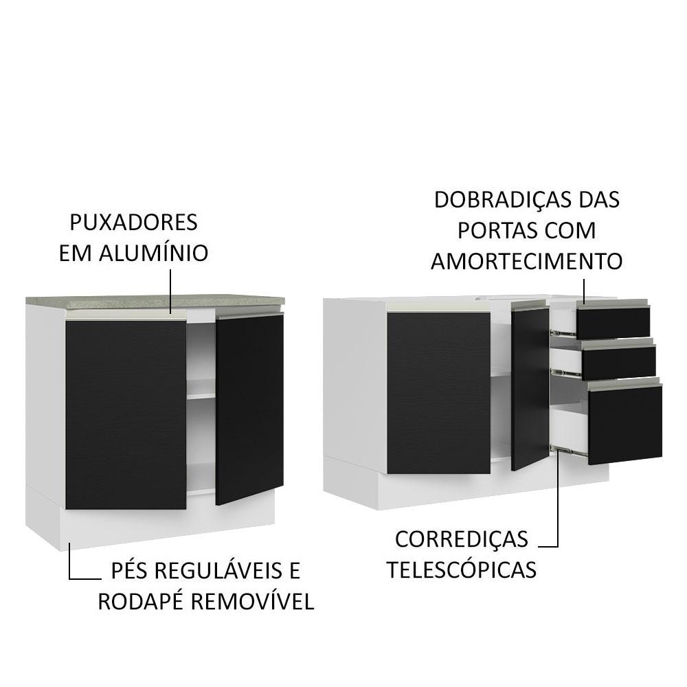 Kit com 2 Balcões de Cozinha Madesa Glamy 4 Portas 3 Gavetas (Sem Tampo e Pia) - Branco/Preto