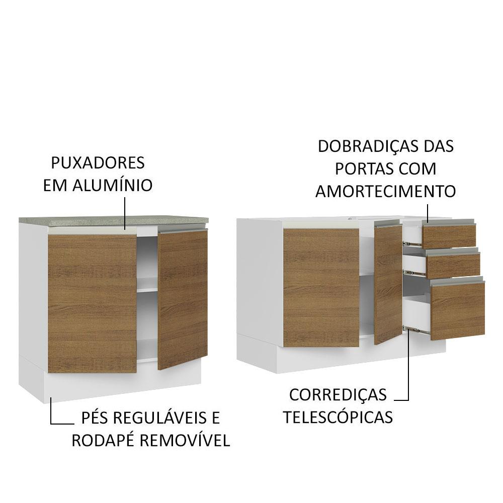 Kit com 2 Balcões de Cozinha Madesa Glamy 4 Portas 3 Gavetas (Sem Tampo e Pia) - Branco/Rustic