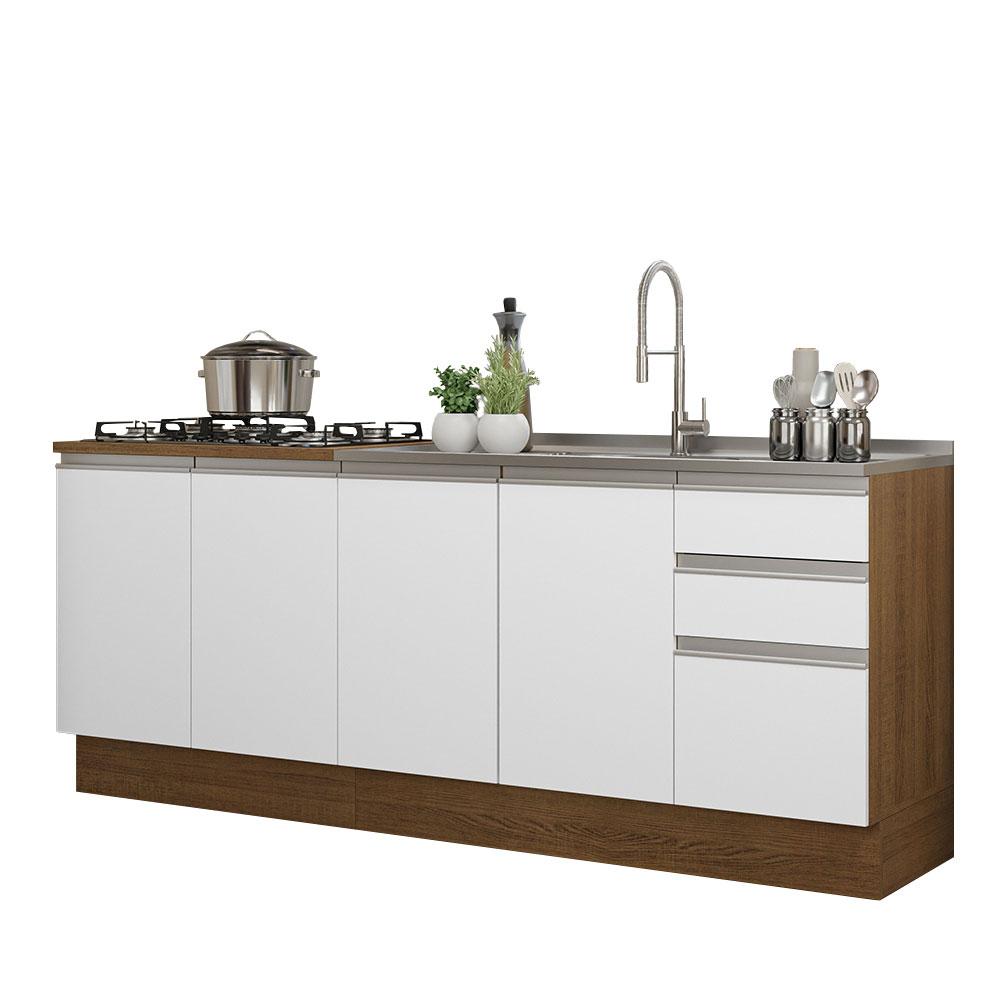 Kit com 2 Balcões de Cozinha Madesa Glamy 4 Portas 3 Gavetas (Sem Tampo e Pia) - Rustic/Branco