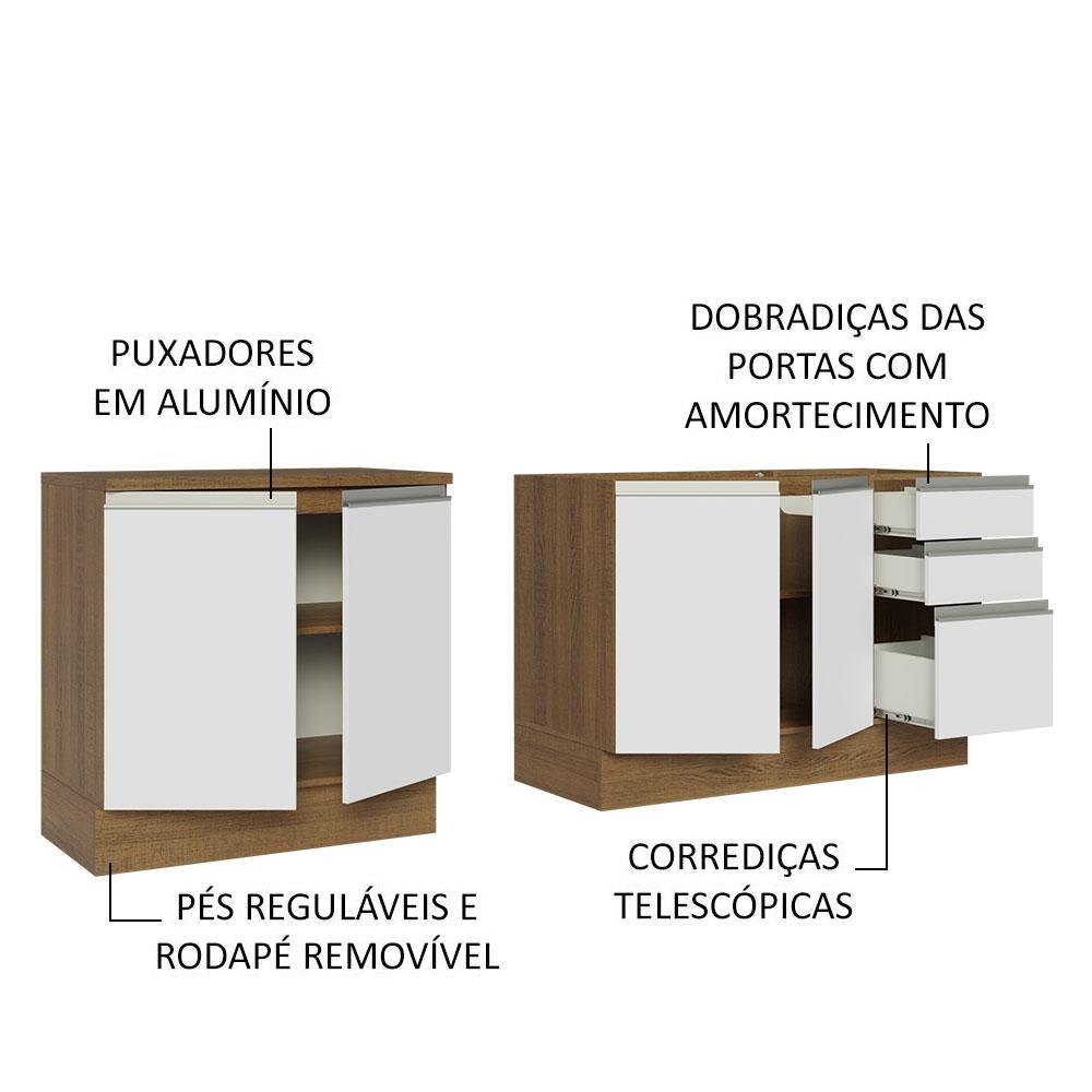 Kit com 2 Balcões de Cozinha Madesa Glamy 4 Portas 3 Gavetas (Sem Tampo e Pia) - Rustic/Branco