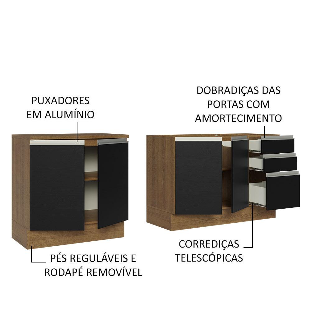 Kit com 2 Balcões de Cozinha Madesa Glamy 4 Portas 3 Gavetas (Sem Tampo e Pia) - Rustic/Preto