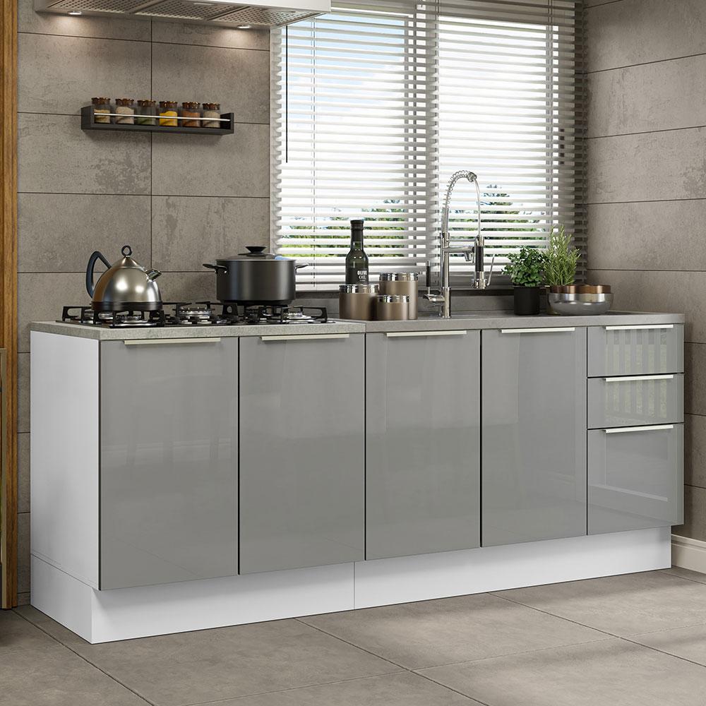 Kit com 2 Balcões de Cozinha Madesa Lux 4 Portas 3 Gavetas (Sem Tampo e Pia) - Branco/Cinza