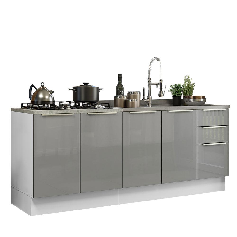 Kit com 2 Balcões de Cozinha Madesa Lux 4 Portas 3 Gavetas (Sem Tampo e Pia) - Branco/Cinza