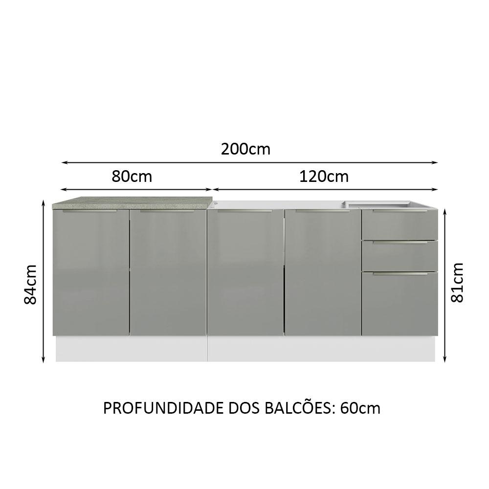 Kit com 2 Balcões de Cozinha Madesa Lux 4 Portas 3 Gavetas (Sem Tampo e Pia) - Branco/Cinza