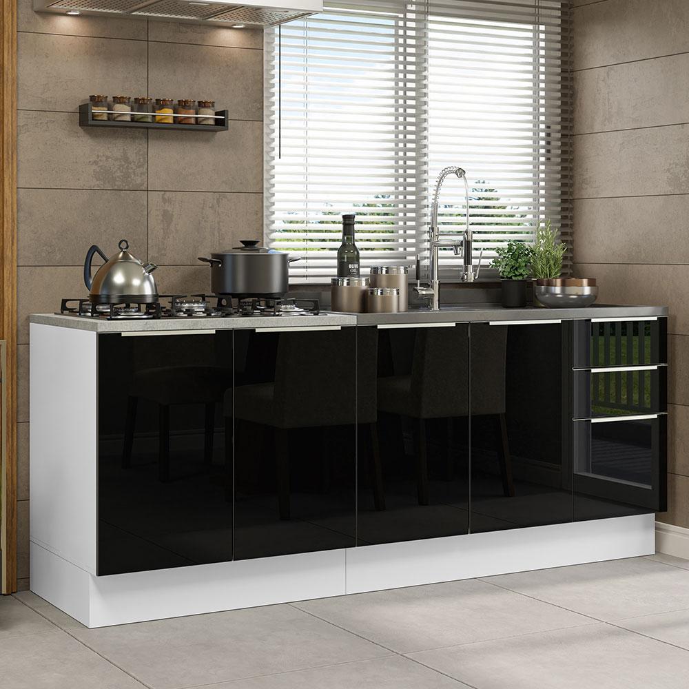 Kit com 2 Balcões de Cozinha Madesa Lux 4 Portas 3 Gavetas (Sem Tampo e Pia) - Branco/Preto