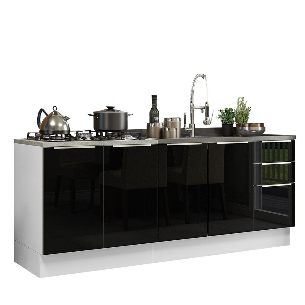 Kit com 2 Balcões de Cozinha Madesa Lux 4 Portas 3 Gavetas (Sem Tampo e Pia) - Branco/Preto