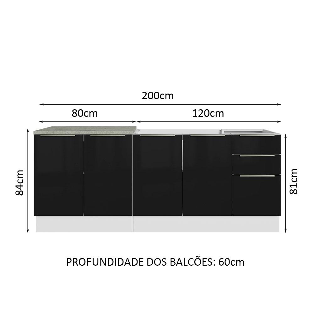 Kit com 2 Balcões de Cozinha Madesa Lux 4 Portas 3 Gavetas (Sem Tampo e Pia) - Branco/Preto