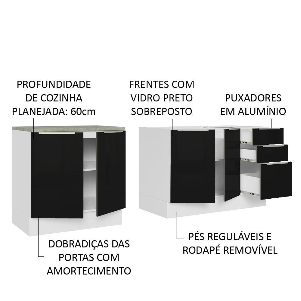 Kit com 2 Balcões de Cozinha Madesa Lux 4 Portas 3 Gavetas (Sem Tampo e Pia) - Branco/Preto