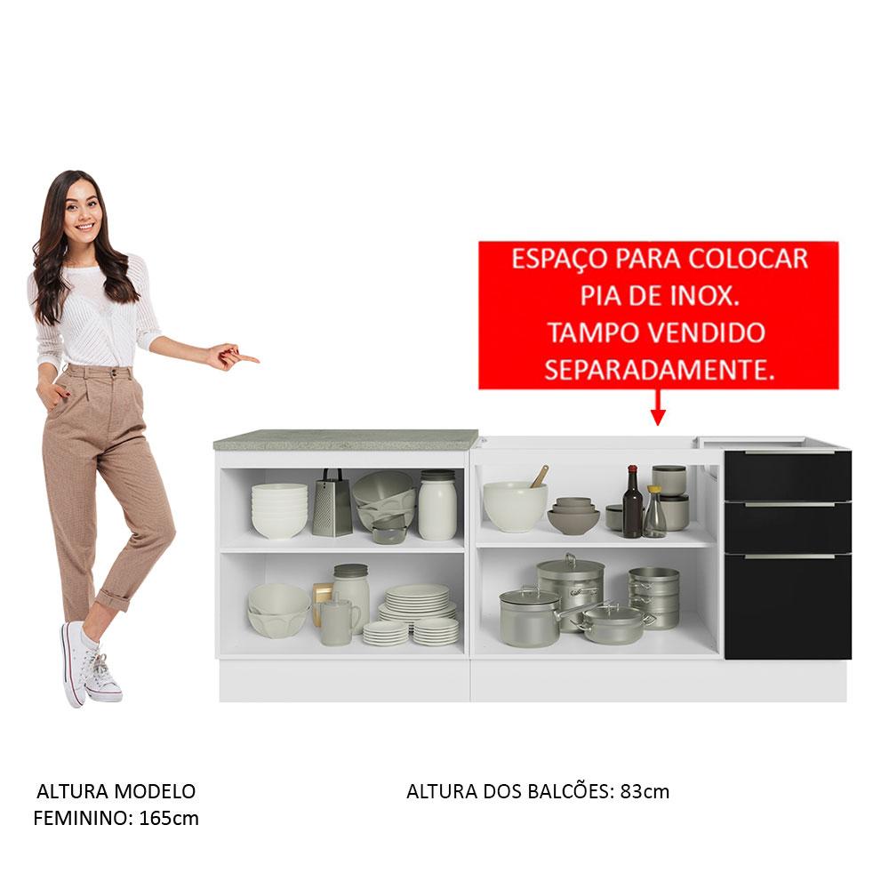 Kit com 2 Balcões de Cozinha Madesa Lux 4 Portas 3 Gavetas (Sem Tampo e Pia) - Branco/Preto