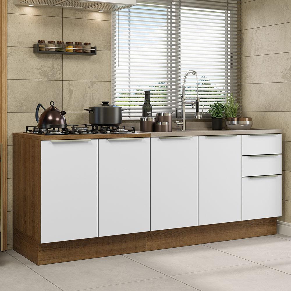 Kit com 2 Balcões de Cozinha Madesa Lux 4 Portas 3 Gavetas (Sem Tampo e Pia) - Rustic/Branco Veludo