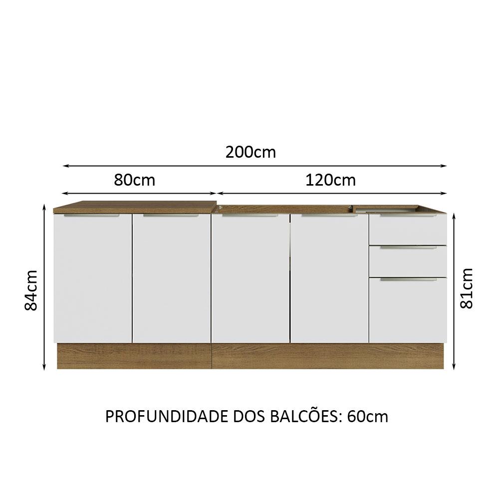 Kit com 2 Balcões de Cozinha Madesa Lux 4 Portas 3 Gavetas (Sem Tampo e Pia) - Rustic/Branco Veludo