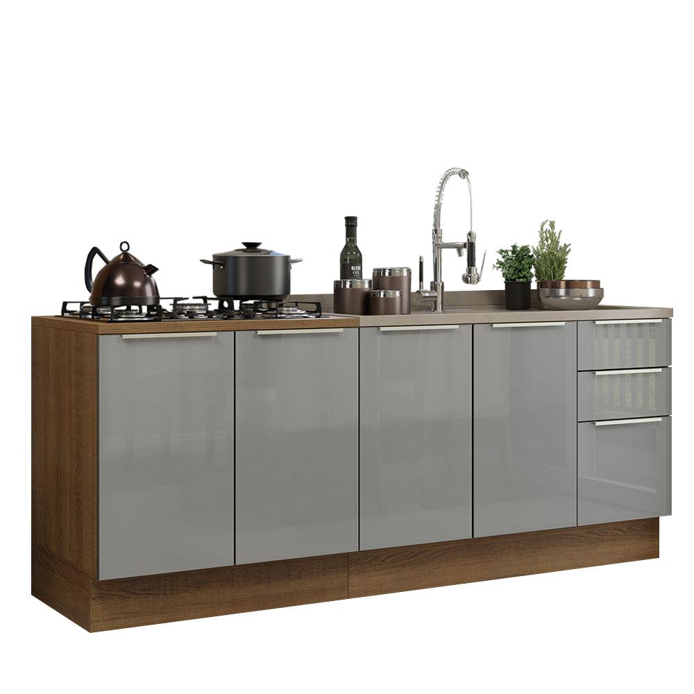 Kit com 2 Balcões de Cozinha Madesa Lux 4 Portas 3 Gavetas (Sem Tampo e Pia) - Rustic/Cinza
