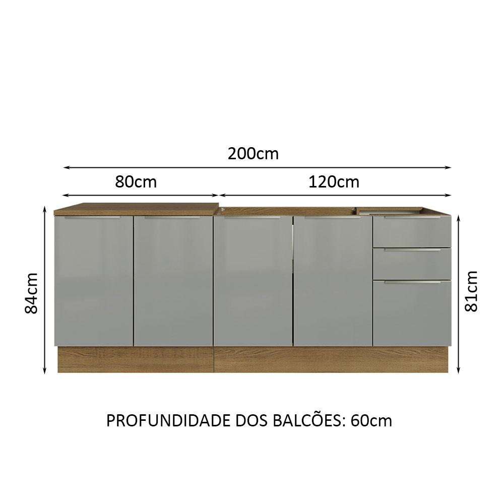 Kit com 2 Balcões de Cozinha Madesa Lux 4 Portas 3 Gavetas (Sem Tampo e Pia) - Rustic/Cinza