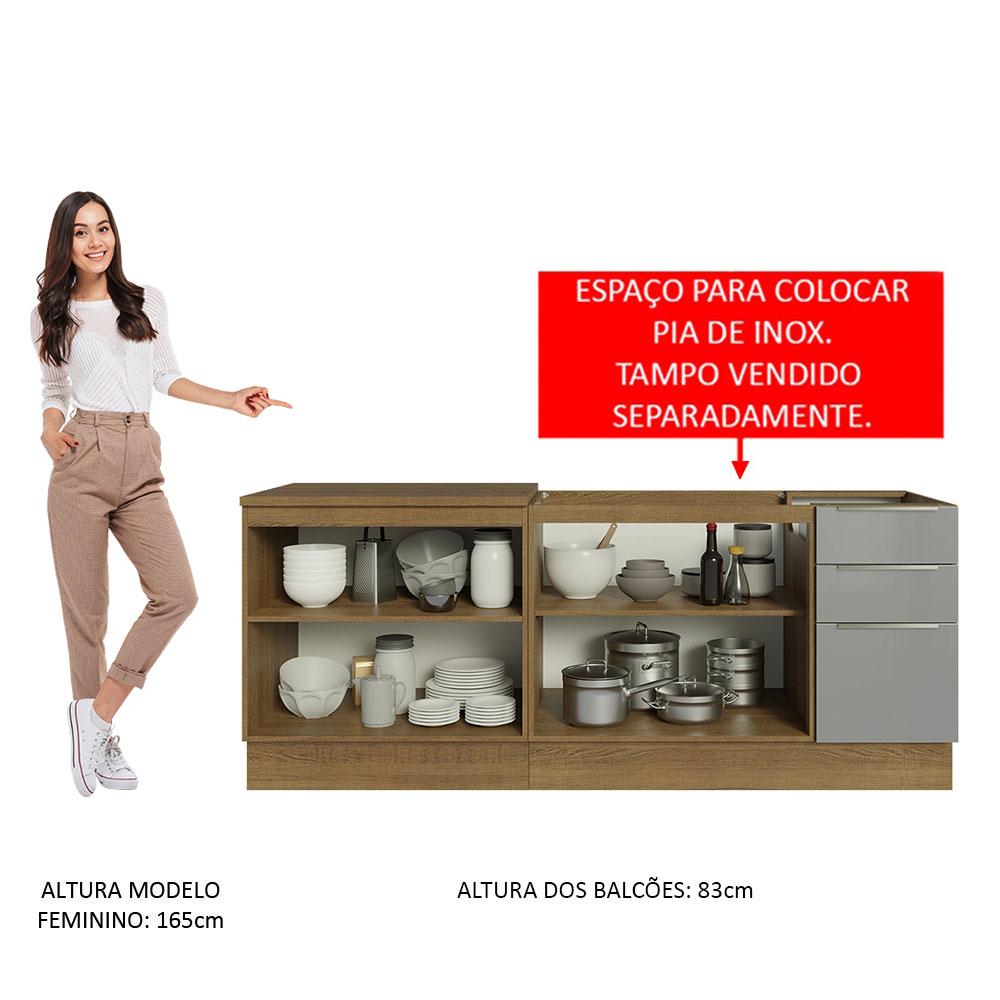Kit com 2 Balcões de Cozinha Madesa Lux 4 Portas 3 Gavetas (Sem Tampo e Pia) - Rustic/Cinza
