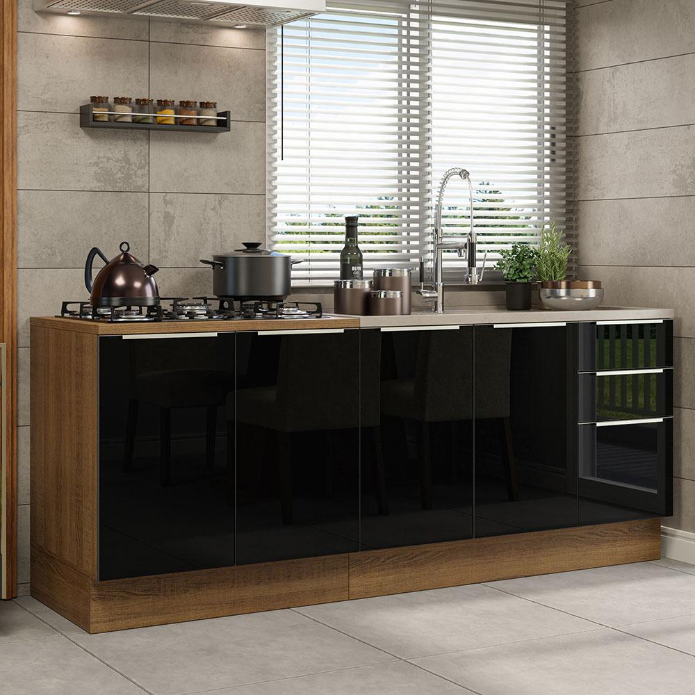 Kit com 2 Balcões de Cozinha Madesa Lux 4 Portas 3 Gavetas (Sem Tampo e Pia) - Rustic/Preto