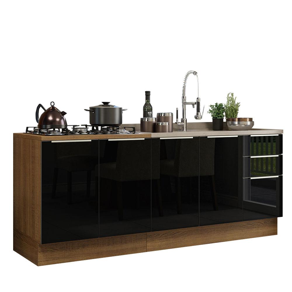 Kit com 2 Balcões de Cozinha Madesa Lux 4 Portas 3 Gavetas (Sem Tampo e Pia) - Rustic/Preto