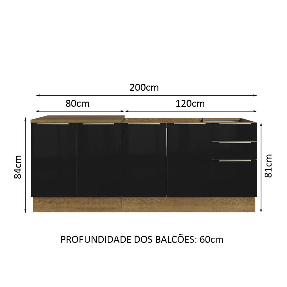 Kit com 2 Balcões de Cozinha Madesa Lux 4 Portas 3 Gavetas (Sem Tampo e Pia) - Rustic/Preto