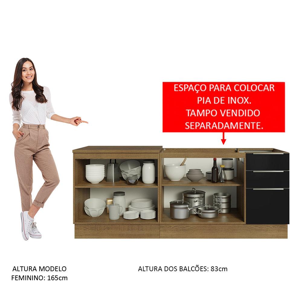 Kit com 2 Balcões de Cozinha Madesa Lux 4 Portas 3 Gavetas (Sem Tampo e Pia) - Rustic/Preto