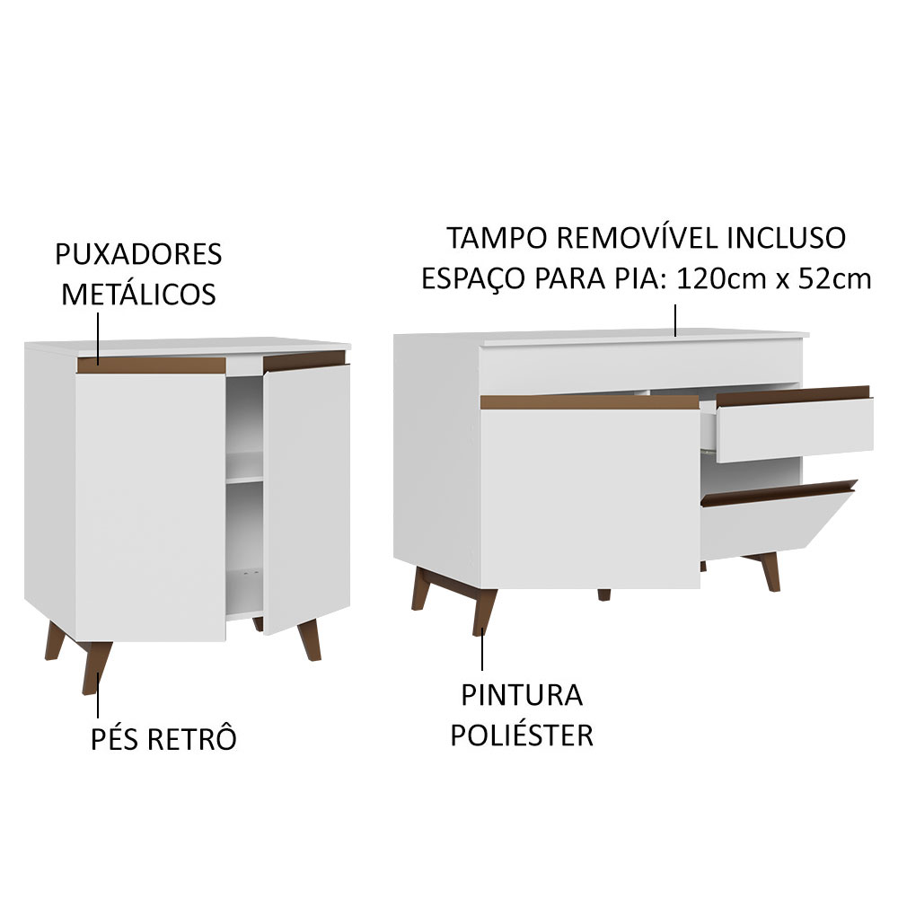 Kit com 2 Balcões de Cozinha Madesa Reims 4 Portas 1 Gaveta (Com Tampo) - Branco