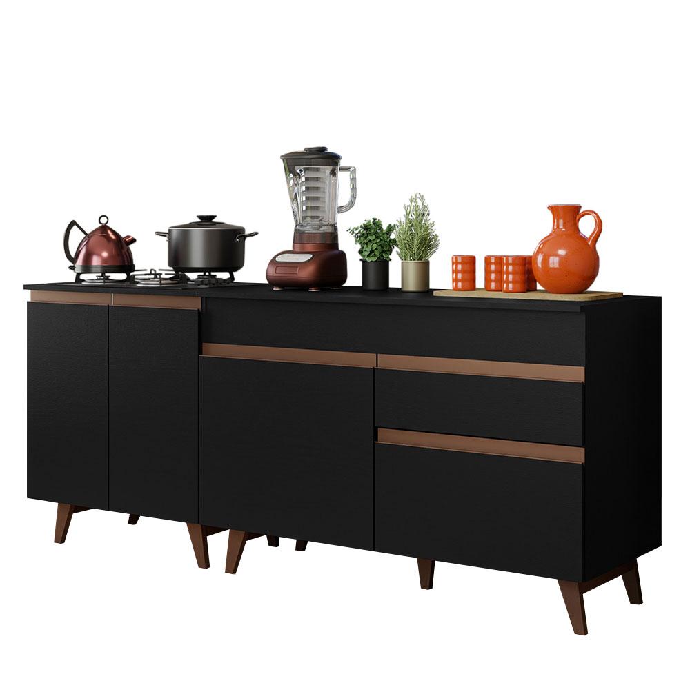 Kit com 2 Balcões de Cozinha Madesa Reims 4 Portas 1 Gaveta (Com Tampo) - Preto