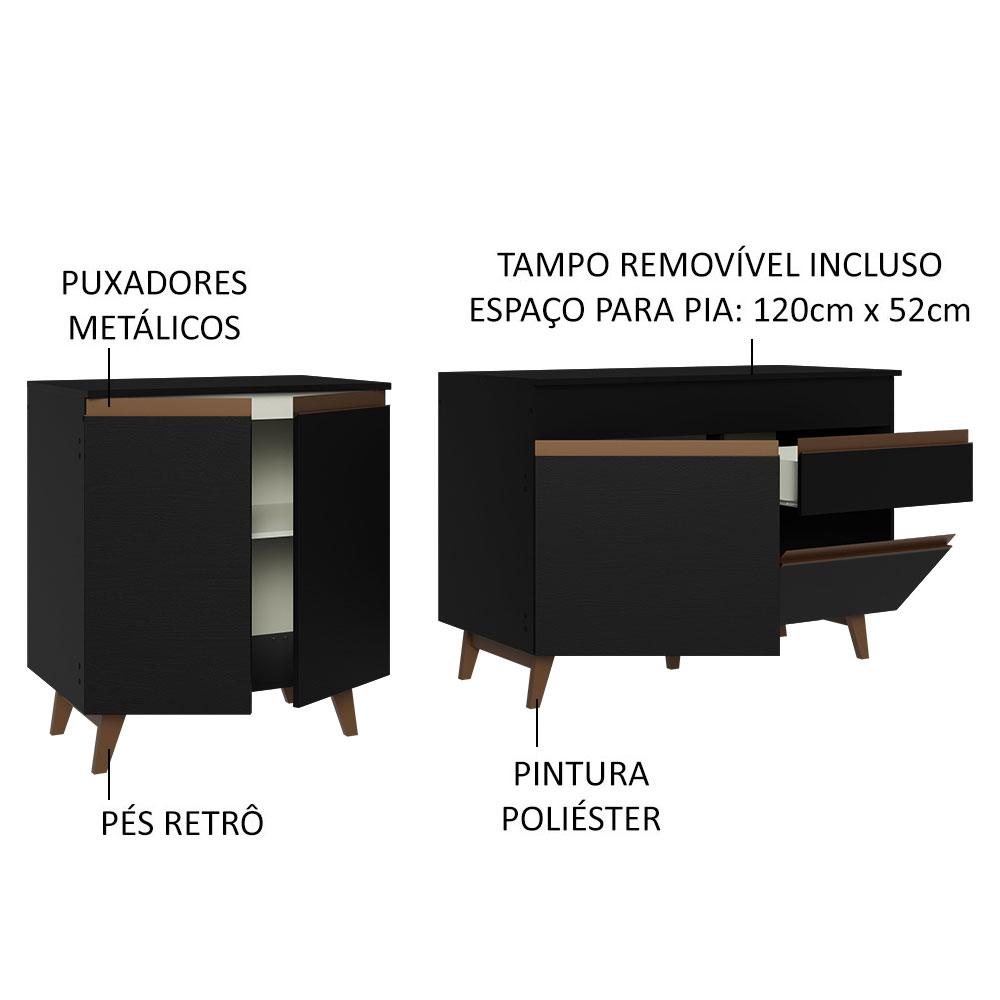 Kit com 2 Balcões de Cozinha Madesa Reims 4 Portas 1 Gaveta (Com Tampo) - Preto
