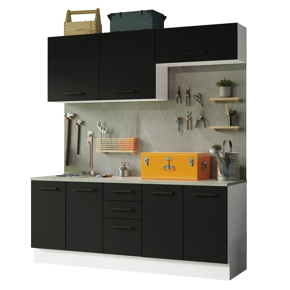 Kit com 2 Balcões e 2 Armários Aéreos Multiuso 200cm Branco/Preto Agata Madesa