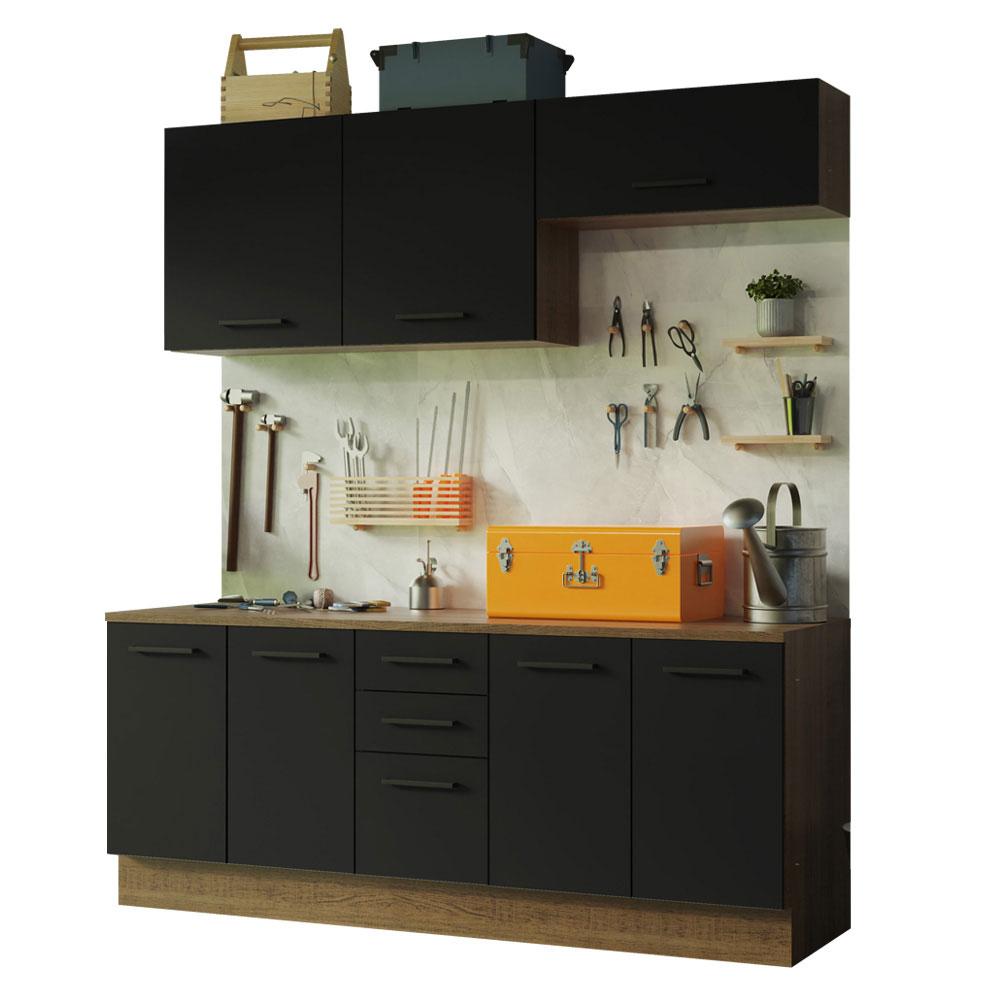 Kit com 2 Balcões e 2 Armários Aéreos Multiuso 200cm Rustic/Preto Agata Madesa