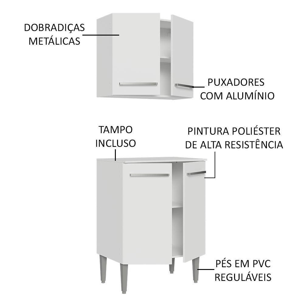 Kit com Armário Aéreo e Balcão 64cm Branco Emilly Madesa