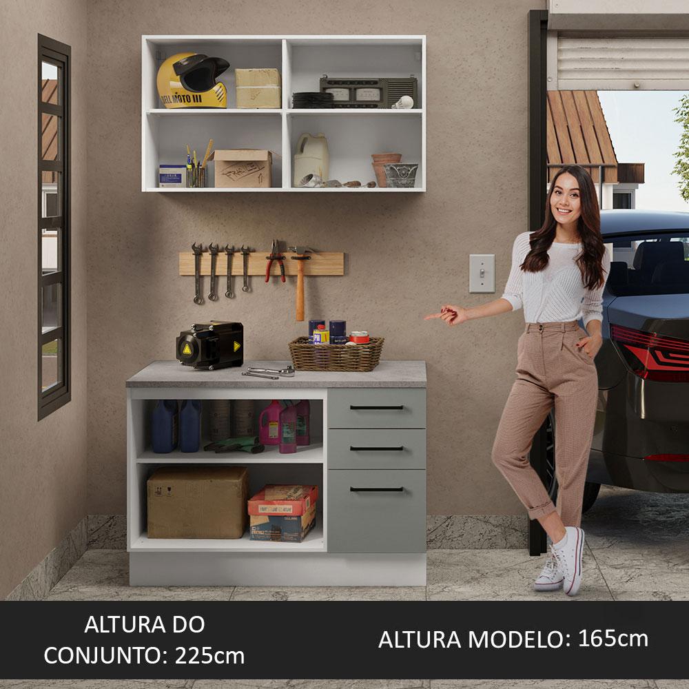 Kit com Balcão e Armário Aéreo Multiuso 120cm Branco/Cinza Agata Madesa