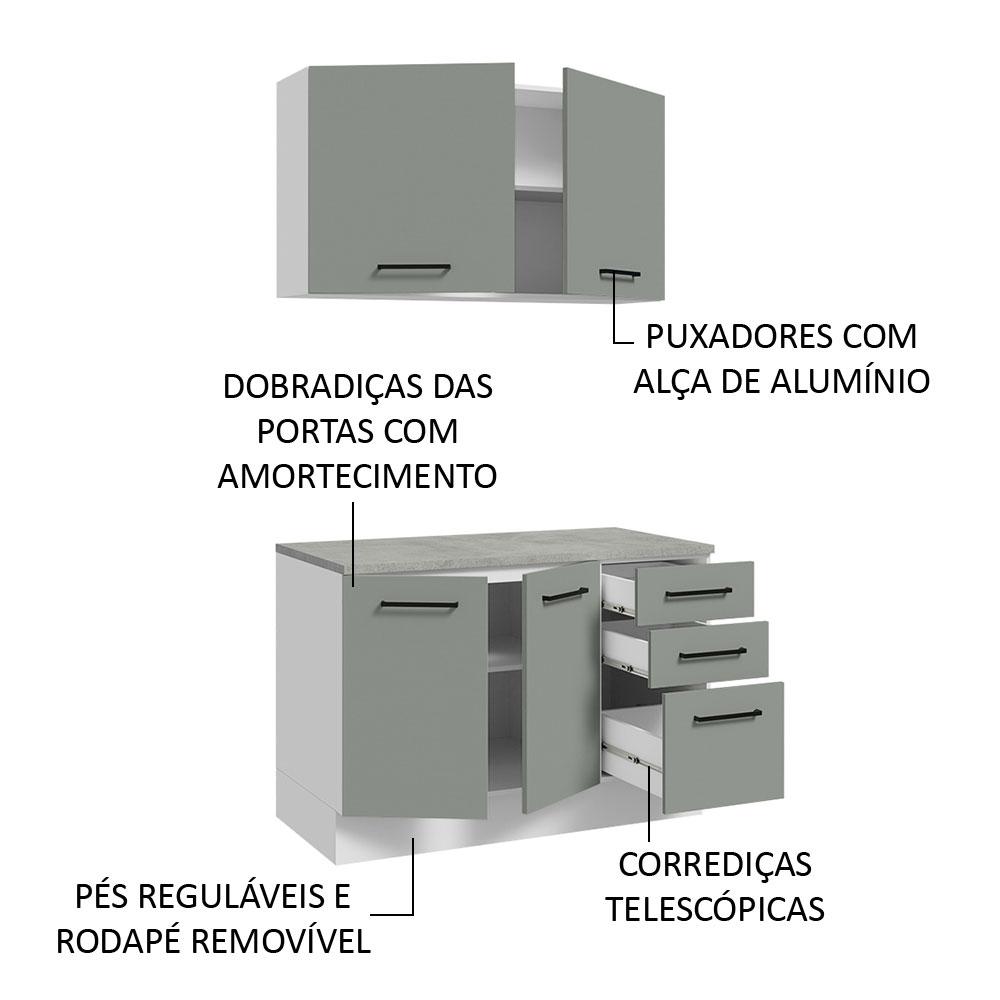 Kit com Balcão e Armário Aéreo Multiuso 120cm Branco/Cinza Agata Madesa