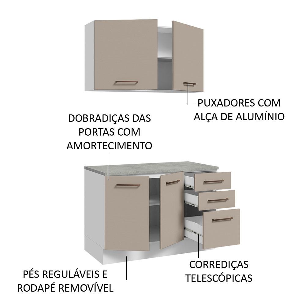 Kit com Balcão e Armário Aéreo Multiuso 120cm Branco/Crema Agata Madesa