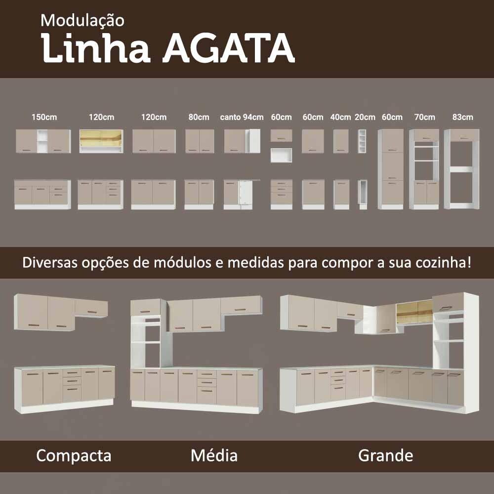 Kit com Balcão e Armário Aéreo Multiuso 120cm Branco/Crema Agata Madesa
