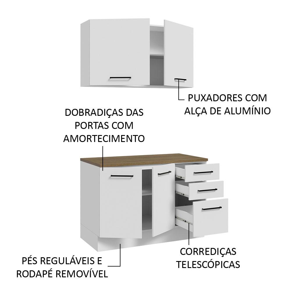 Kit com Balcão e Armário Aéreo Multiuso 120cm Branco/Rustic Agata Madesa
