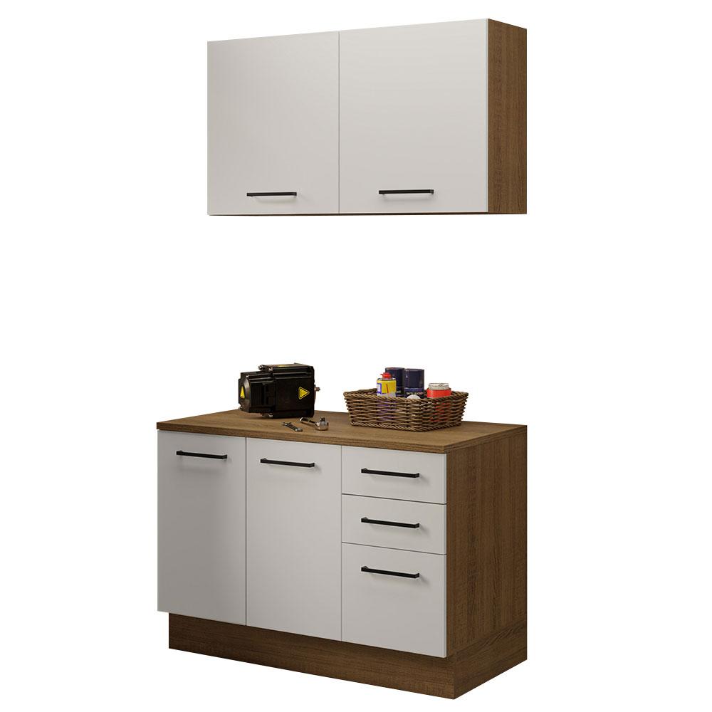 Kit com Balcão e Armário Aéreo Multiuso 120cm Rustic/Branco Agata Madesa