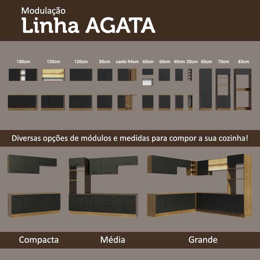Kit com Balcão e Armário Aéreo Multiuso 120cm Rustic/Preto Agata Madesa