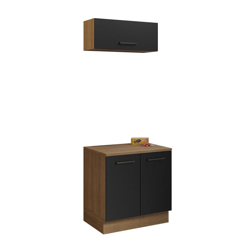 Kit com Balcão e Armário Aéreo Multiuso 80cm Rustic/Preto Agata Madesa
