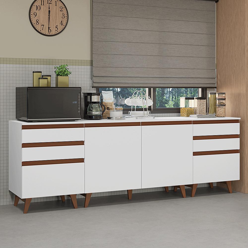 Kit com Três Balcões de Cozinha 2 Portas 6 Gavetas (com tampo) Branco Reims Madesa