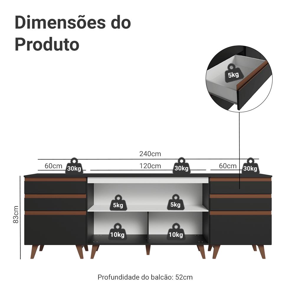 Kit com Três Balcões de Cozinha 2 Portas 6 Gavetas (com tampo) Preto Reims Madesa