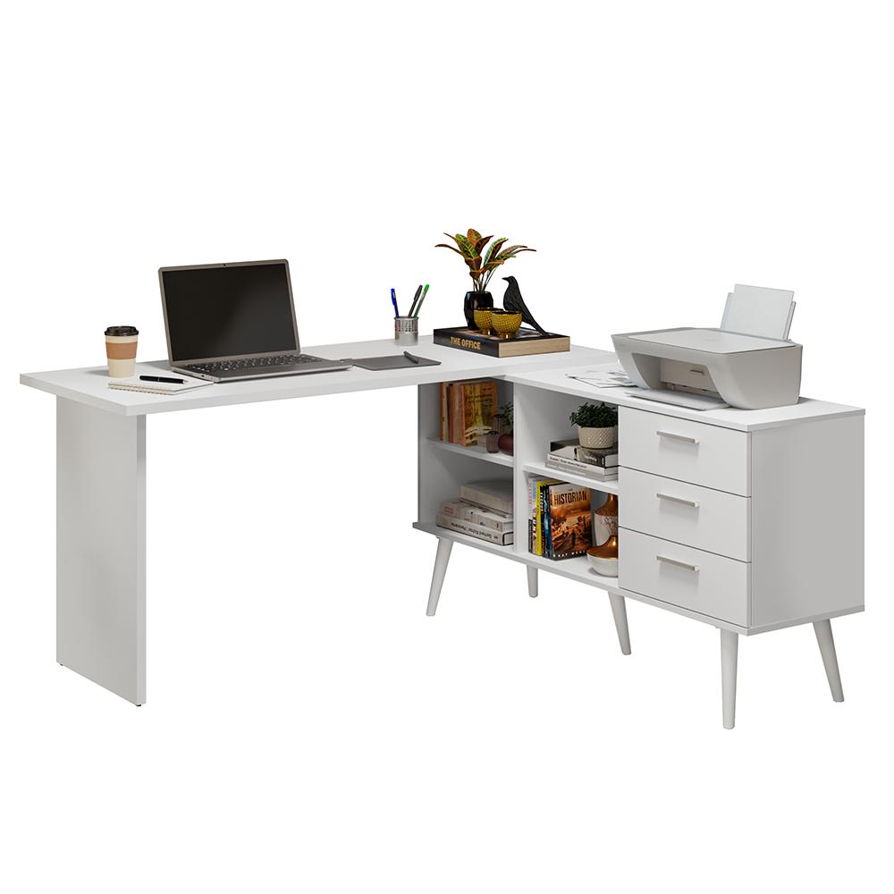 Mesa de Escritório em L 3 Gavetas Branco Lisboa Madesa