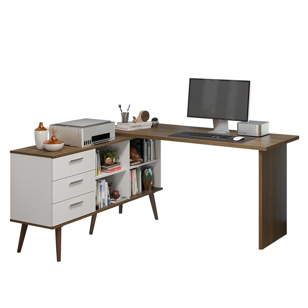 Mesa de Escritório em L 3 Gavetas Branco/Rustic Lisboa Madesa XA