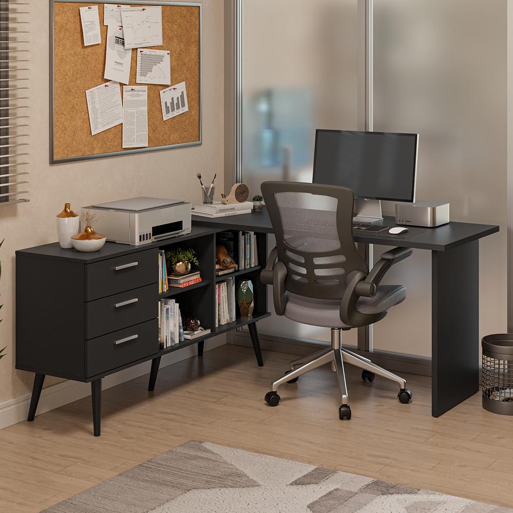 Mesa de Escritório em L 3 Gavetas Preto Lisboa Madesa XA