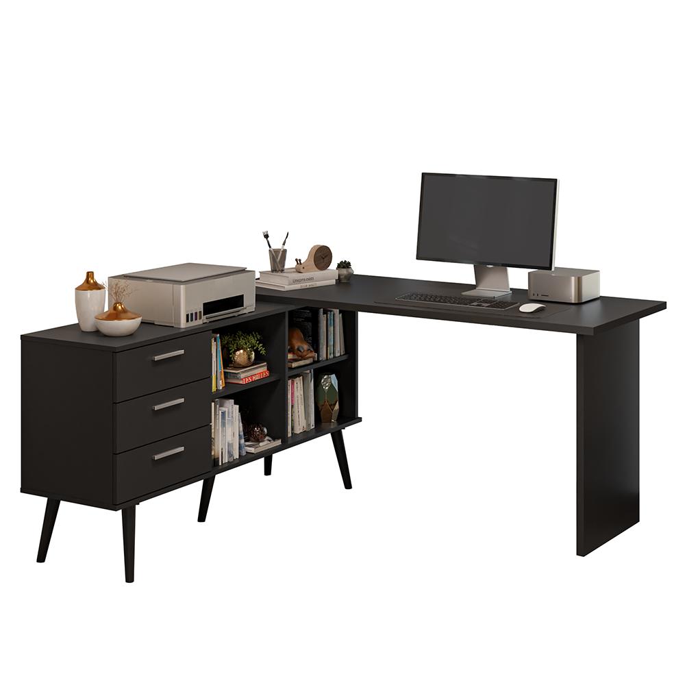 Mesa de Escritório em L 3 Gavetas Preto Lisboa Madesa XA