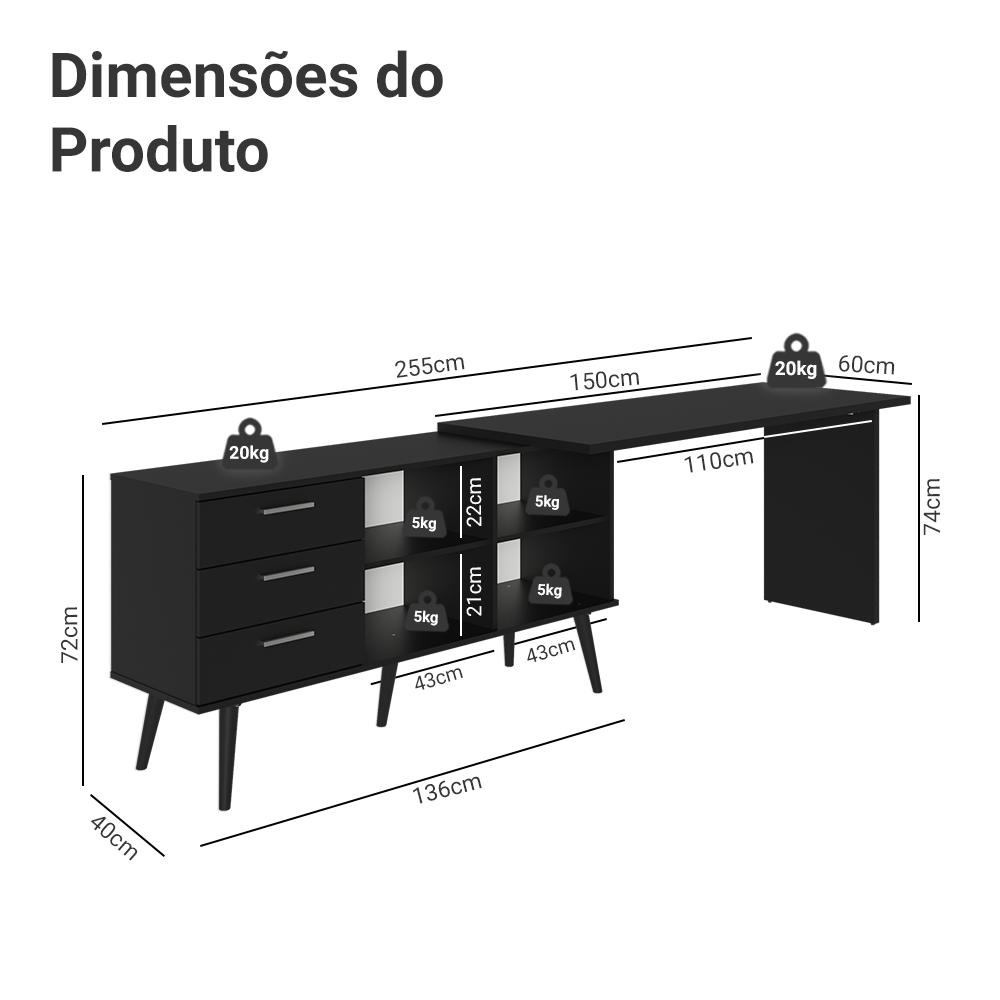 Mesa de Escritório em L 3 Gavetas Preto Lisboa Madesa XA