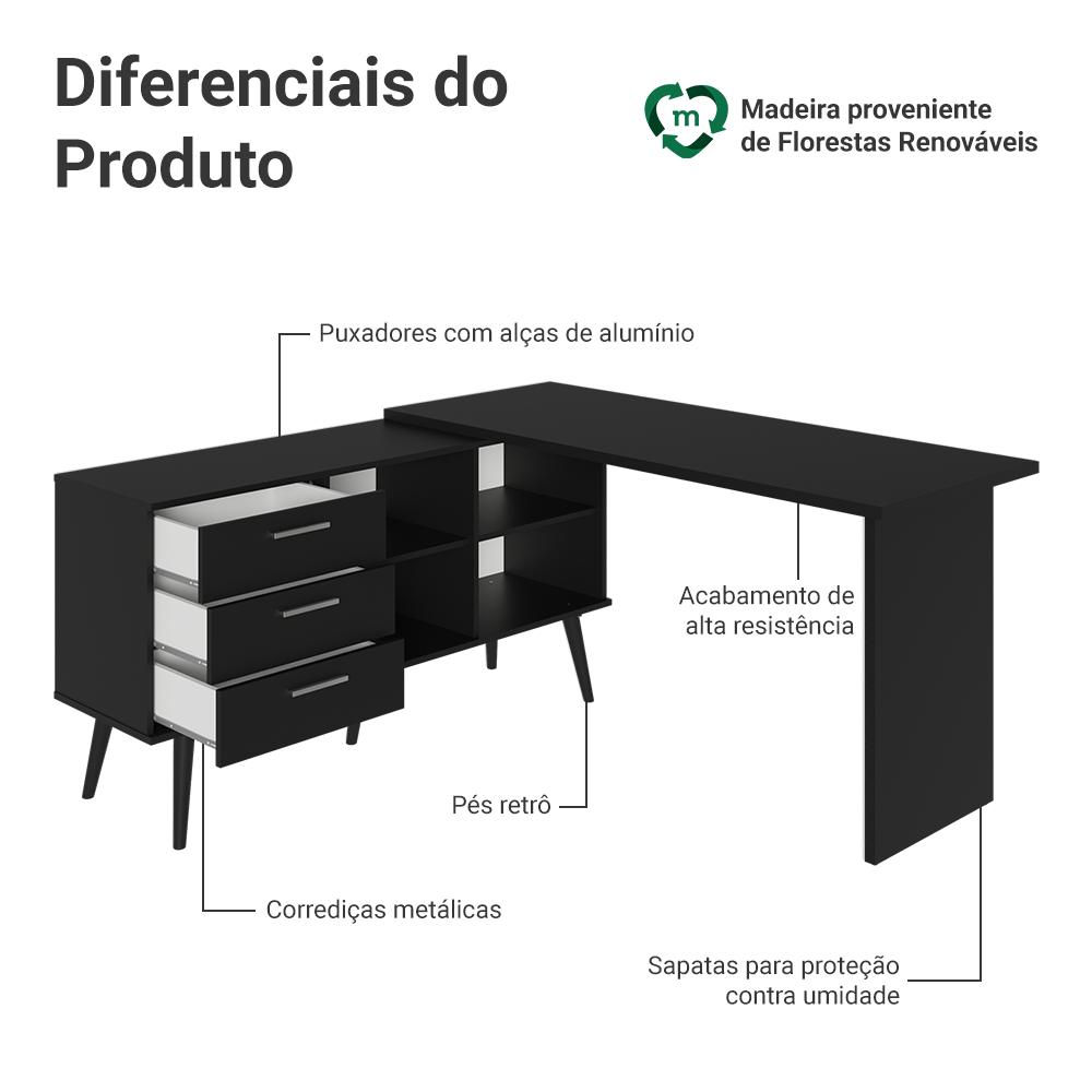 Mesa de Escritório em L 3 Gavetas Preto Lisboa Madesa XA