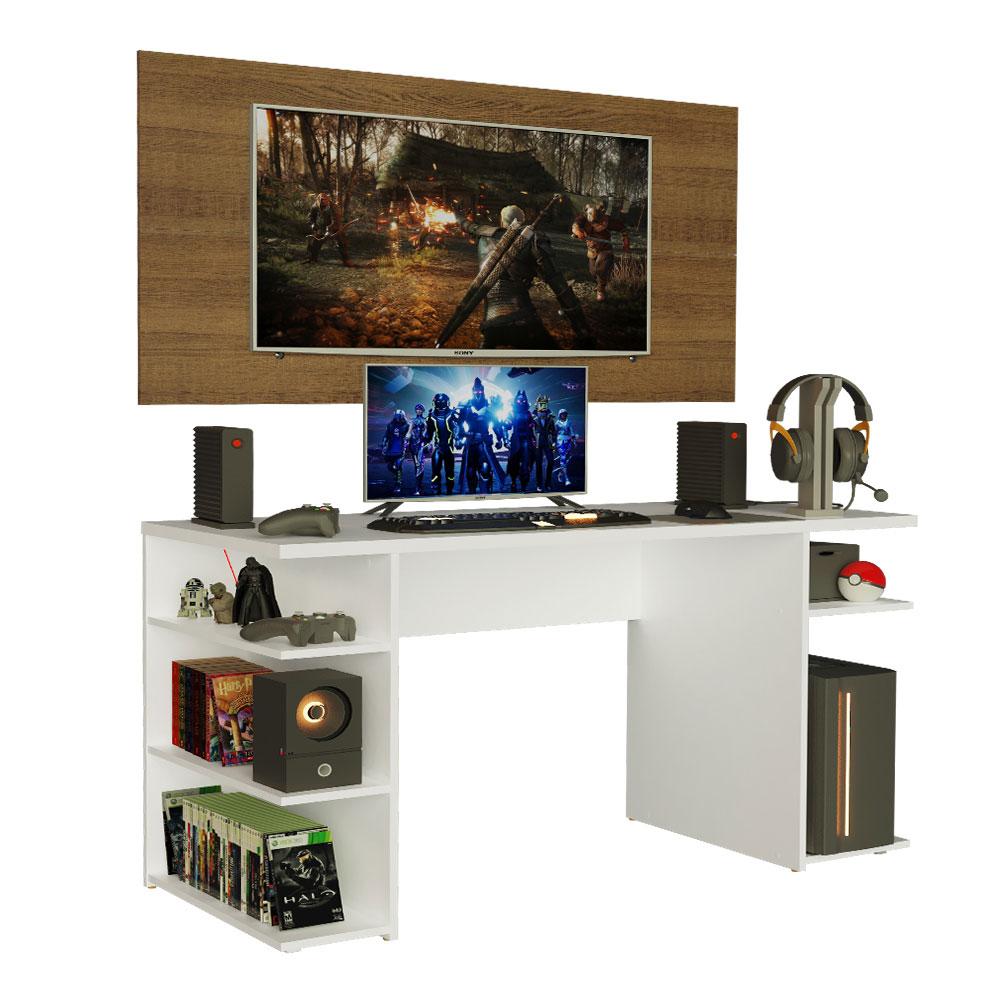 Mesa para Computador Gamer Madesa 9409 e Painel para TV até 50 Polegadas - Branco/Rustic